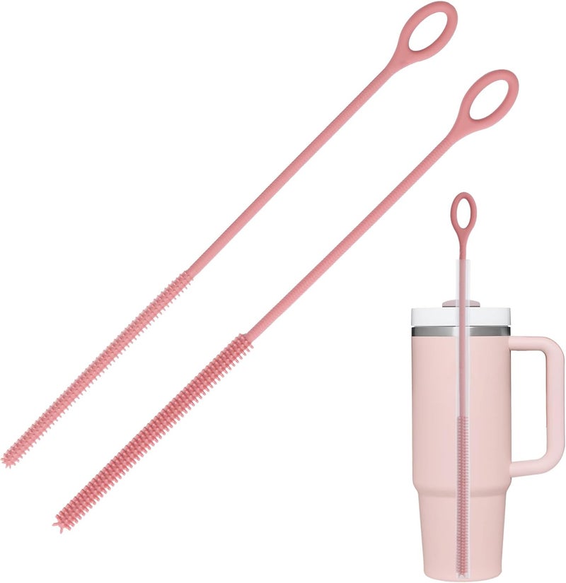 Kimryde Silicone Straw Cleaner Brush, 2Pcs Reusable Straw Brush Extra Long for Cleaning Tumbler with Handle and Glass Metal Smoothie Straws, Non-slip Handle Soft and Bendable, 6mm+9mm (Pink) - Image 1
